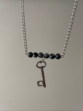 Larvikite black Labradorite round gemstone + key necklace